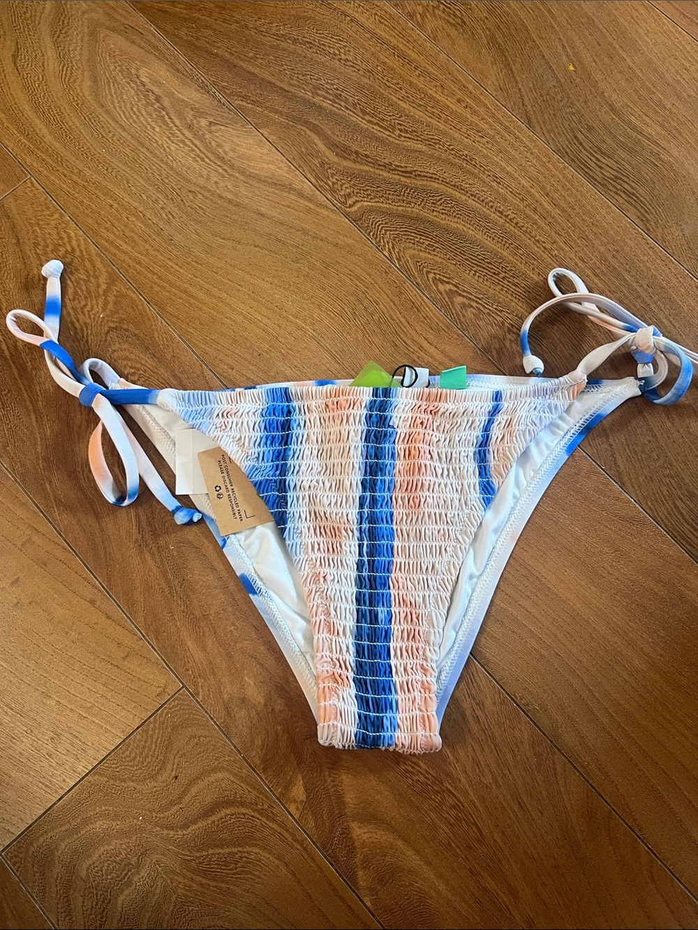 Quiksilver Blue White Peach Striped Tie-Side Bikini Bottom